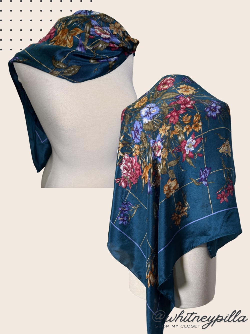 Vintage Bill Blass Silk Scarf, Deep Teal with Floral Garden Print Large square